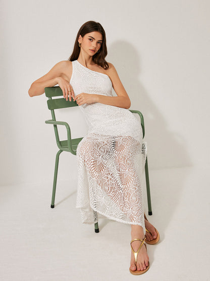 Yarı Şeffaf Dantel Tek Omuzlu Elbise