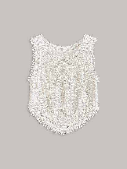 Yarı Şeffaf Tığ İşi Dantel Çiçek Detaylı Tank Top