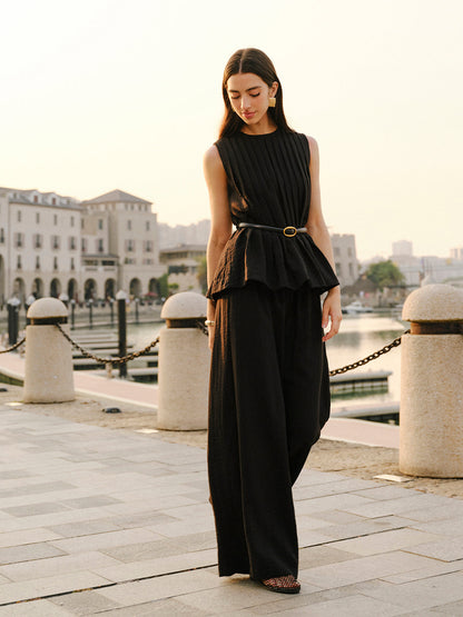 Peplum Üst Geniş Paça Pantolon Kemerli Takım