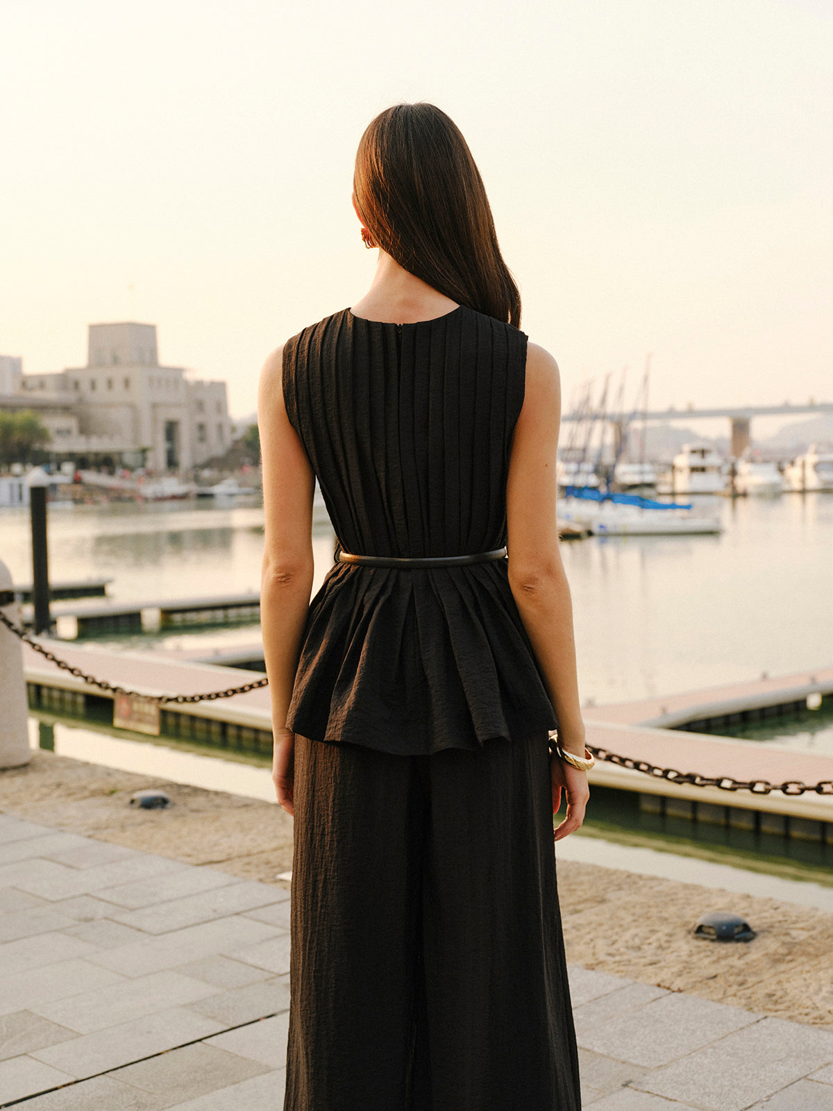 Peplum Üst Geniş Paça Pantolon Kemerli Takım