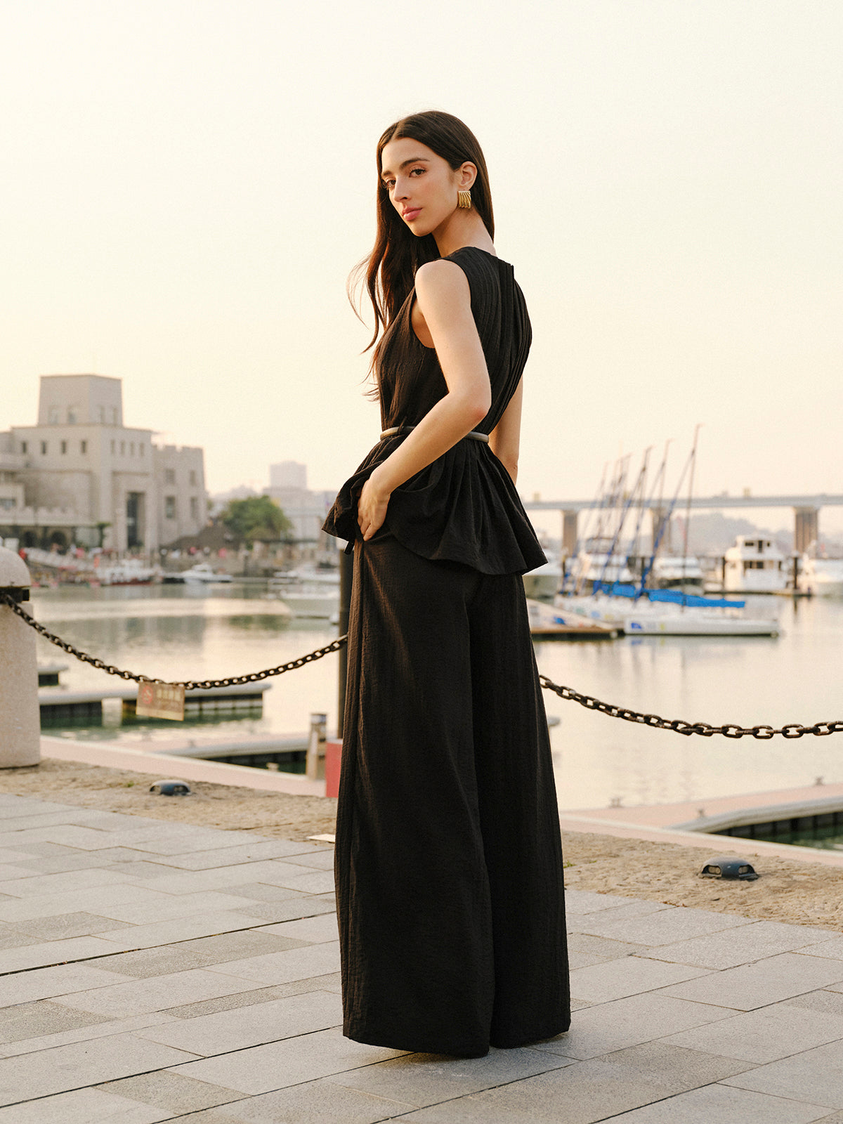 Peplum Üst Geniş Paça Pantolon Kemerli Takım