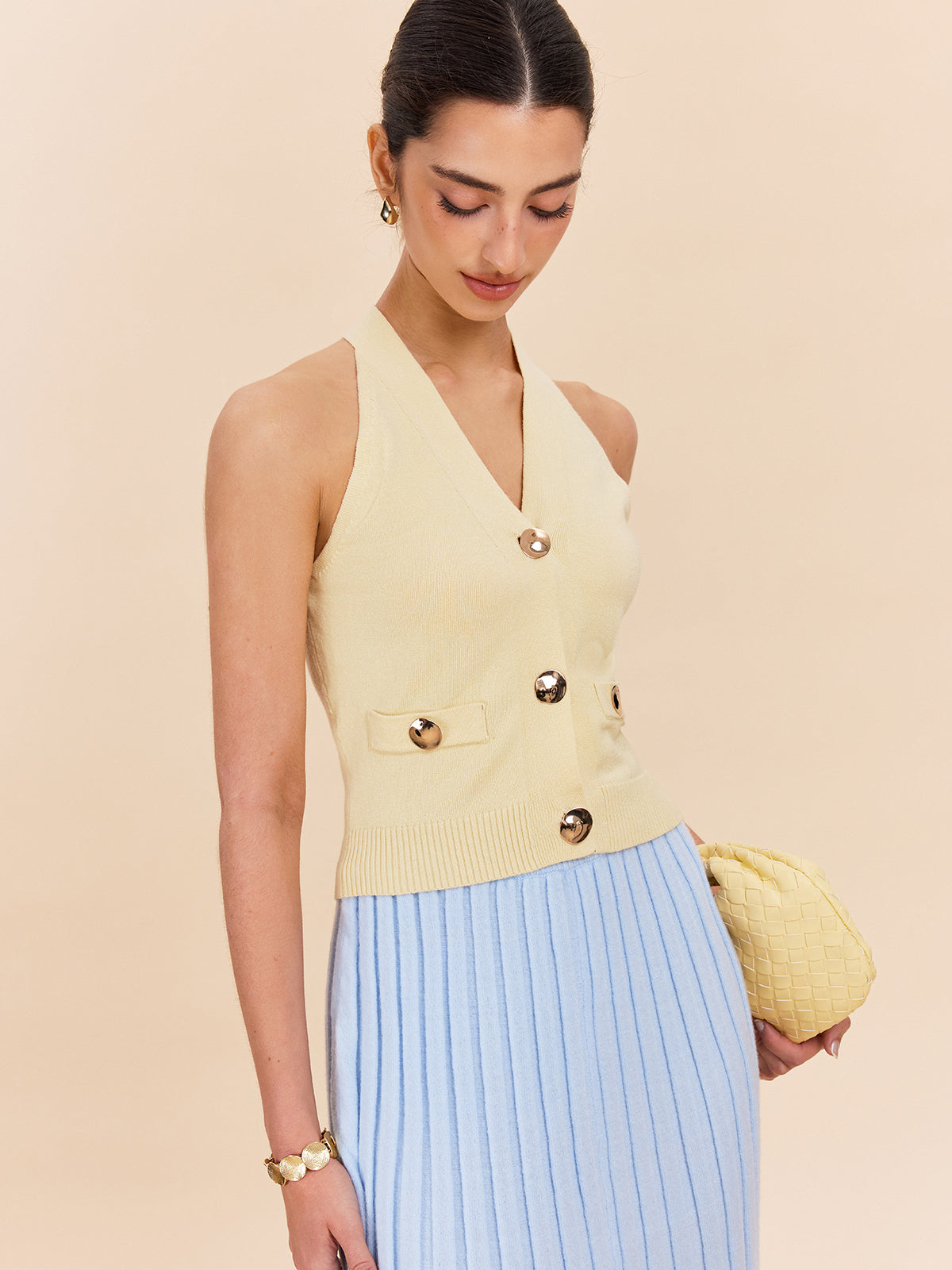 Halter Yaka Yivli Örgü Yelek Dekor Cepli