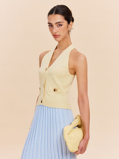 Halter Yaka Yivli Örgü Yelek Dekor Cepli