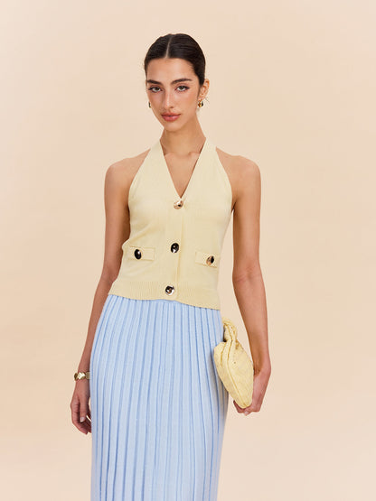 Halter Yaka Yivli Örgü Yelek Dekor Cepli