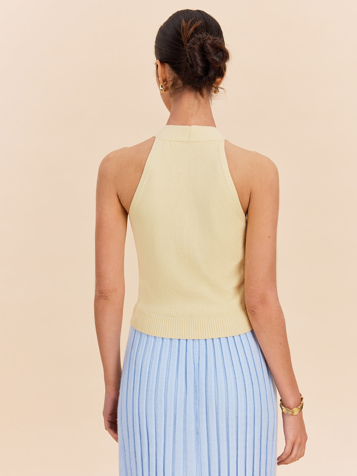 Halter Yaka Yivli Örgü Yelek Dekor Cepli