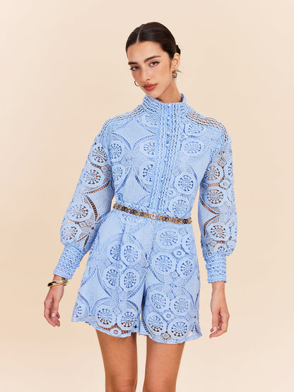 Dantel Puf Kollu Şort Takımı Kemersiz