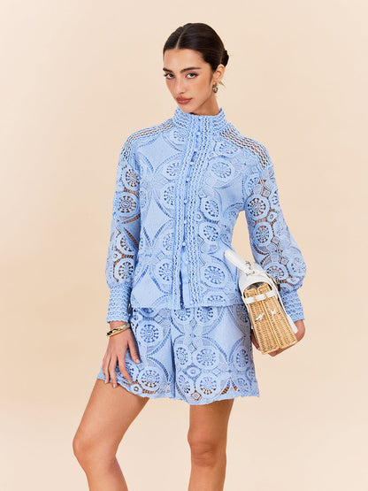 Dantel Puf Kollu Şort Takımı Kemersiz