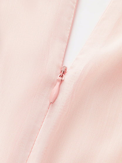 Yarı Şeffaf Balon Kol Çiçekli Bağcık Detaylı Elbise