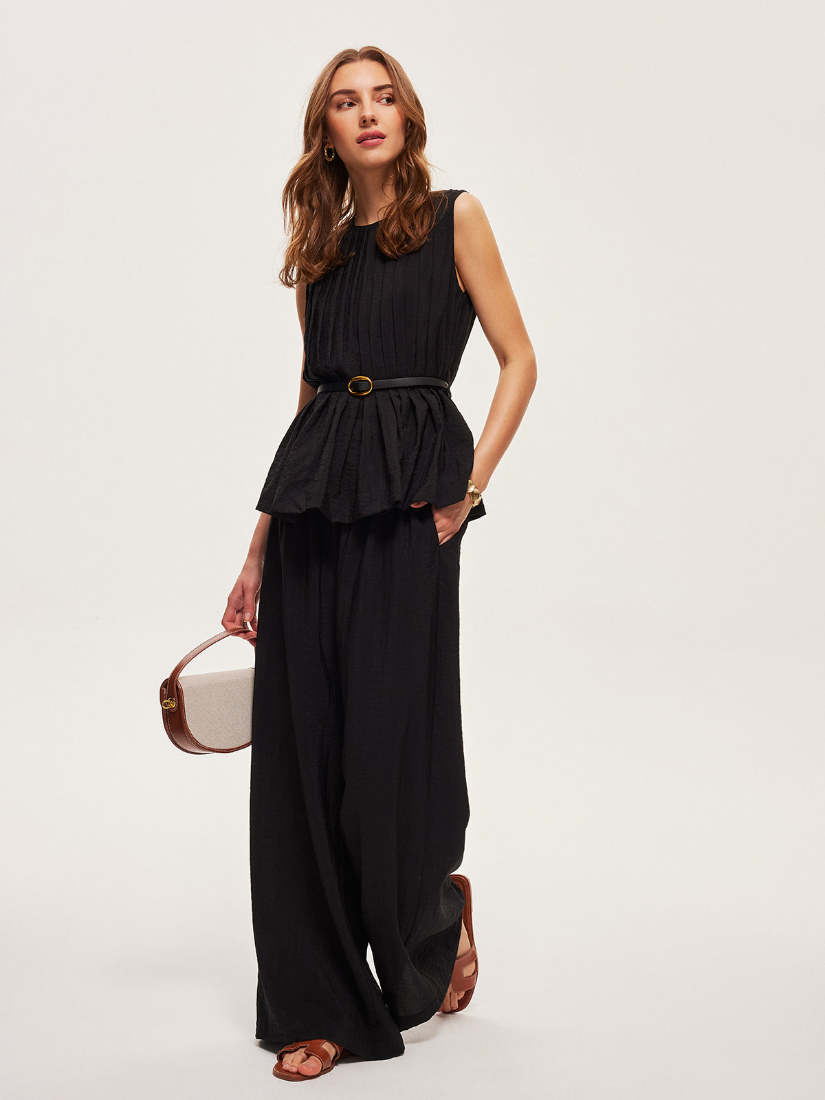 Peplum Üst Geniş Paça Pantolon Kemerli Takım