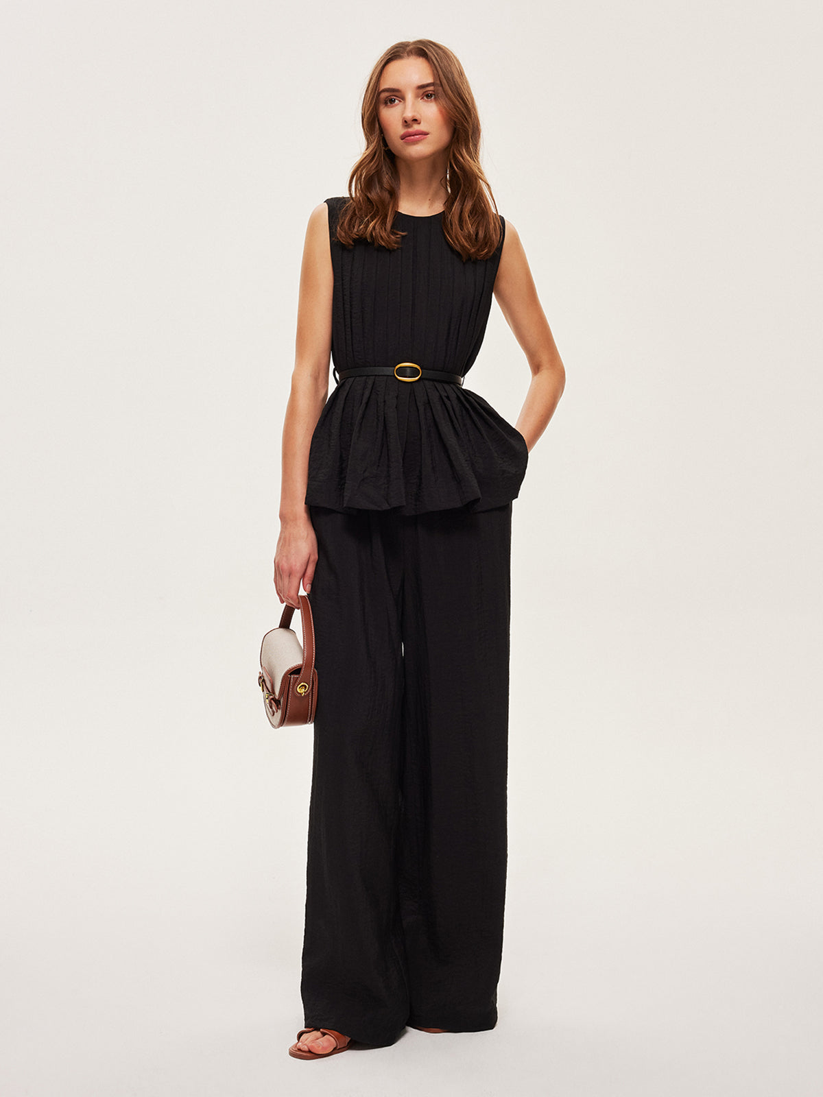 Peplum Üst Geniş Paça Pantolon Kemerli Takım