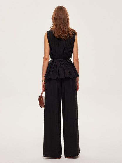 Peplum Üst Geniş Paça Pantolon Kemerli Takım