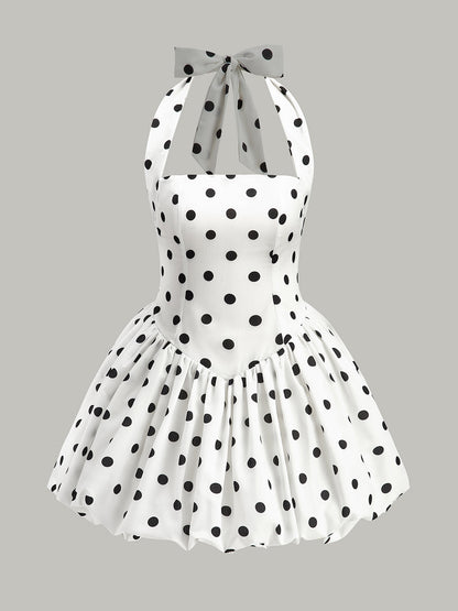 Polka Dot Fiyonk Askılı Fermuarlı Elbise