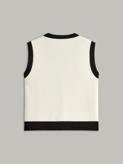 Kontrast Trim Metal Düğme Dekor Cep Kazak Yelek