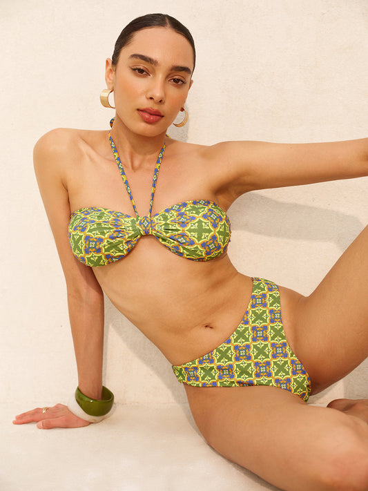 Halter Bağlamalı Retro Baskılı Bikini Üstü