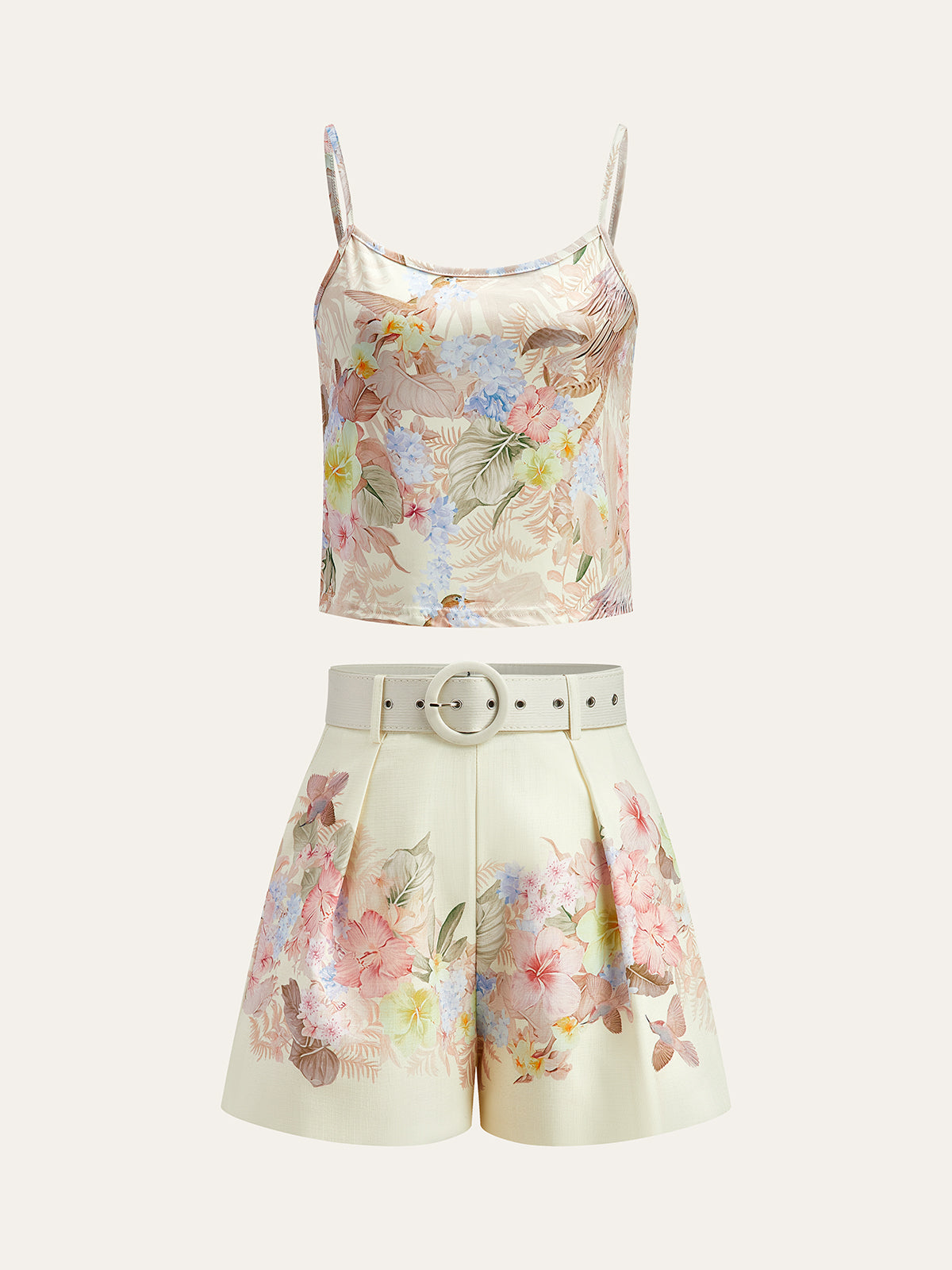 Çiçek Desenli Üç Parça Şort Takımı Kemerli