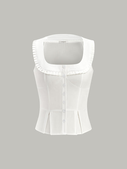 Pliseli Kare Yaka Düğmeli Üst