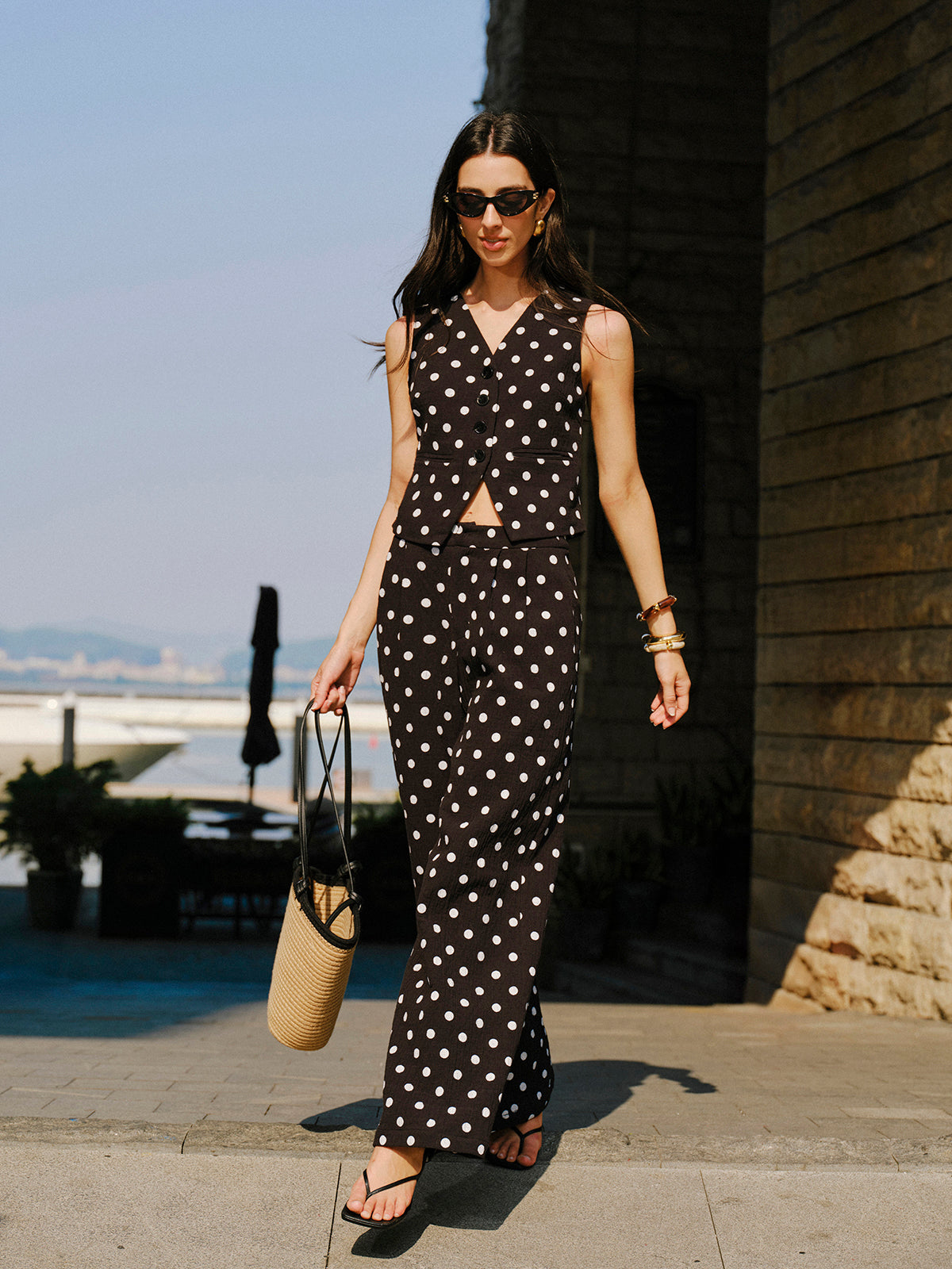 Pamuklu Polka Dot Yelek Pantolon Takımı