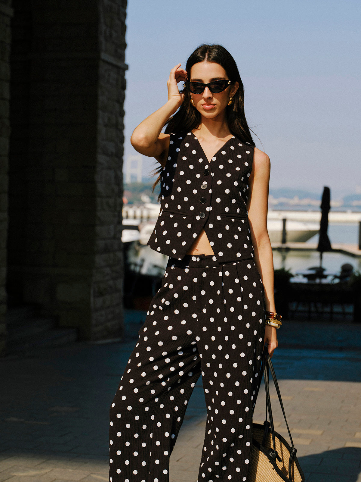Pamuklu Polka Dot Yelek Pantolon Takımı