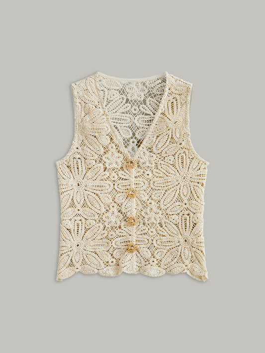Pamuklu Tığ İşi Dantel Şeffaf Yelek Üst