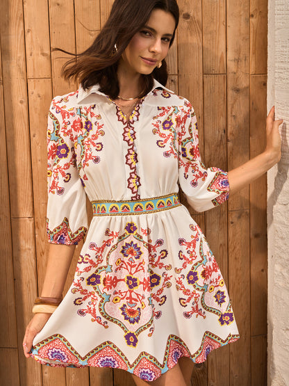 Boho Çiçek Desenli Yakalı Elbise
