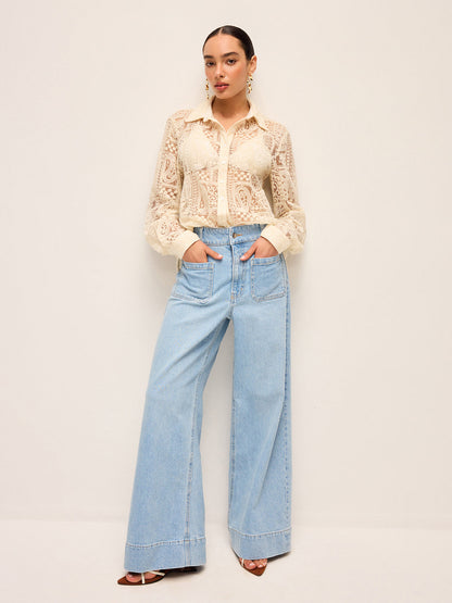 Uzun Kollu Dantel Polo Yaka Pamuk Karışımlı Gömlek