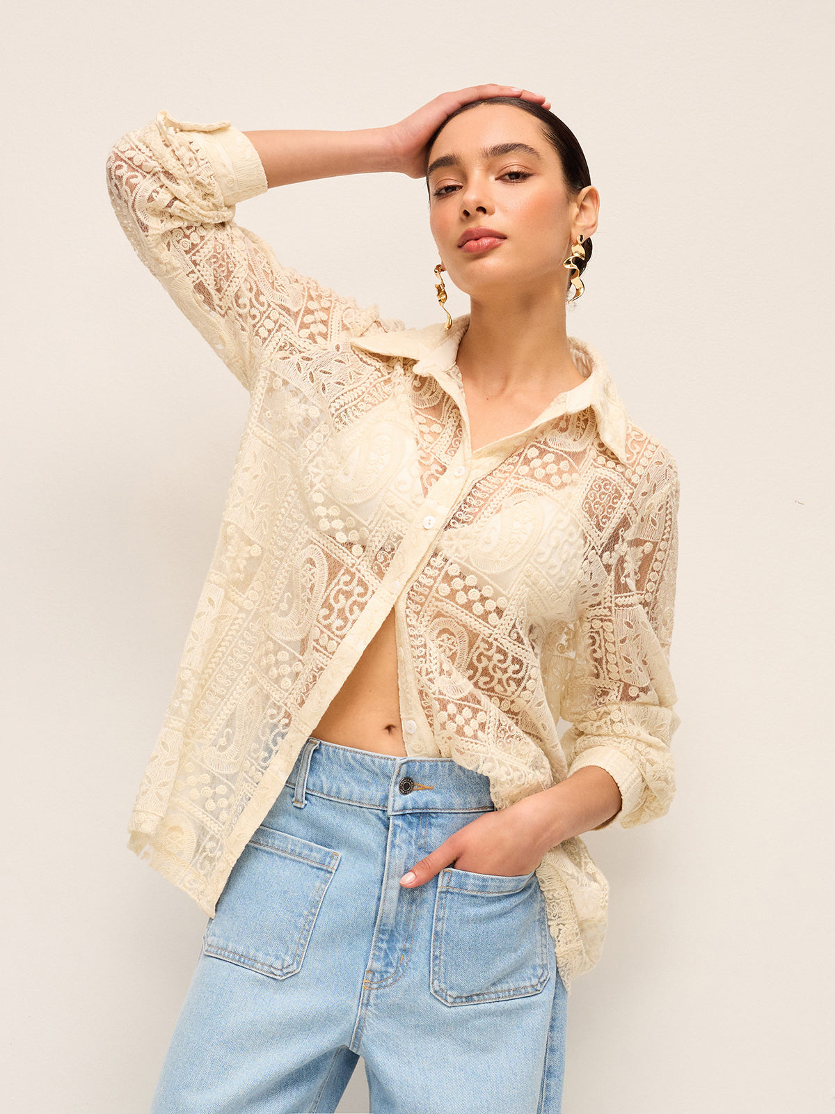 Uzun Kollu Dantel Polo Yaka Pamuk Karışımlı Gömlek