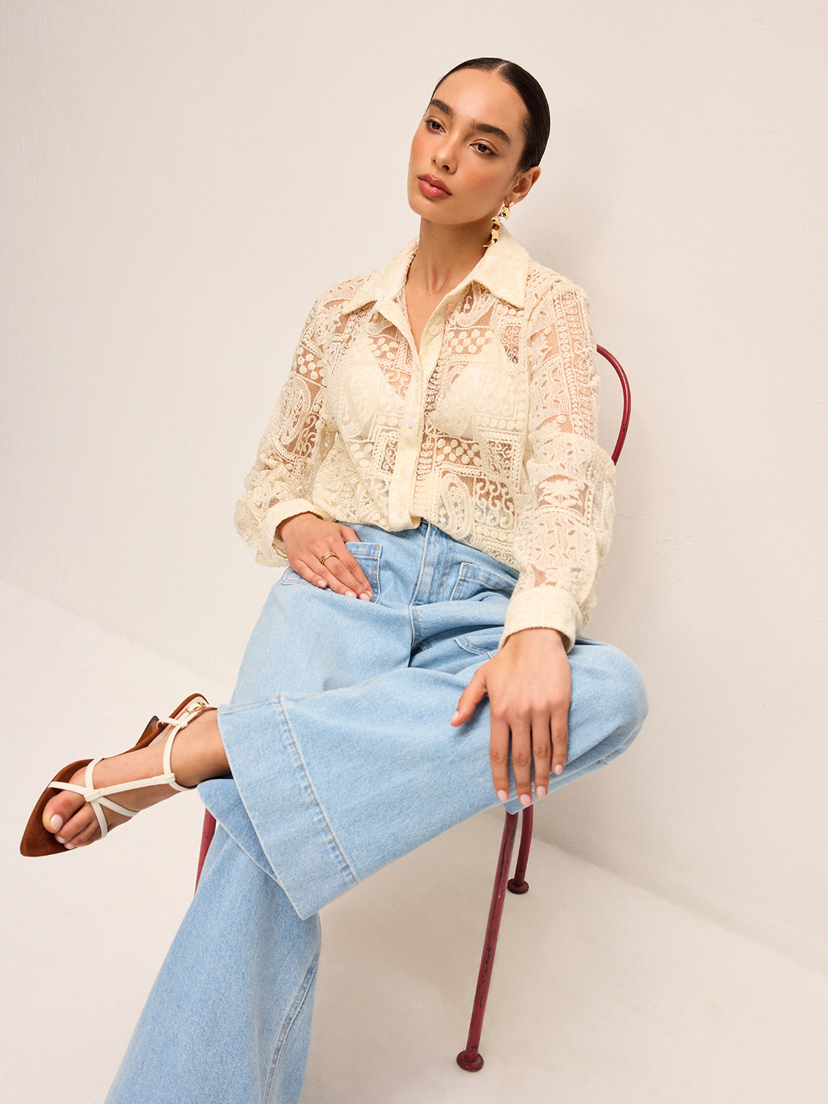 Uzun Kollu Dantel Polo Yaka Pamuk Karışımlı Gömlek