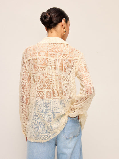 Uzun Kollu Dantel Polo Yaka Pamuk Karışımlı Gömlek