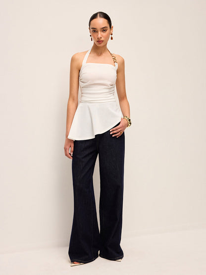 Zincir Detaylı Halter Yaka Peplum Top