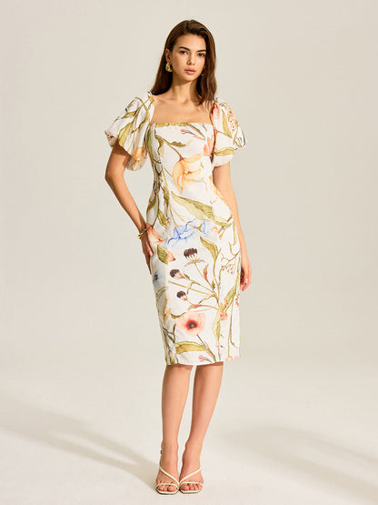 Çiçekli Puf Kollu Sırtı Açık Elbise