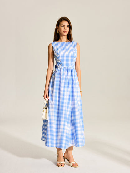 Arkası Fiyonklu Gingham Kolsuz Elbise