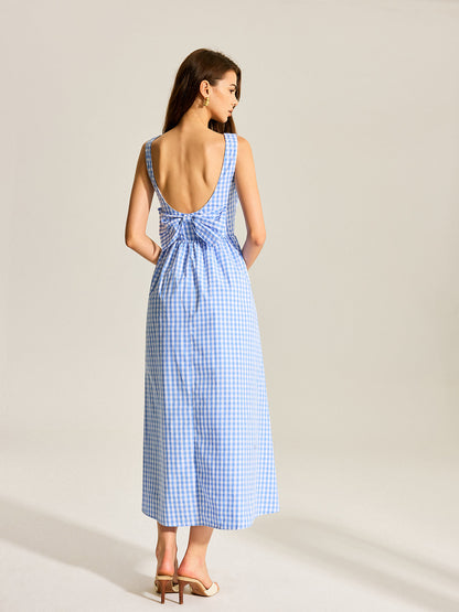 Arkası Fiyonklu Gingham Kolsuz Elbise
