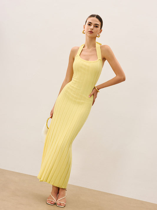 Halter Yaka Yivli Örgü Elbise