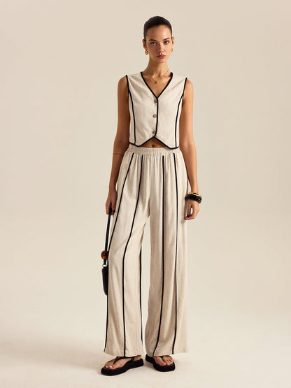 Keten Ve Pamuklu Lastikli Bel Çizgili Pantolon Takımı