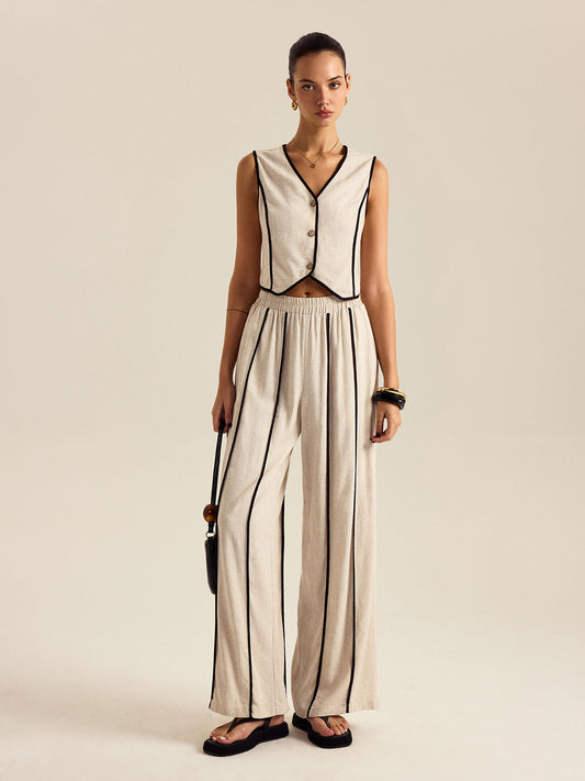 Keten Ve Pamuklu Lastikli Bel Çizgili Pantolon Takımı