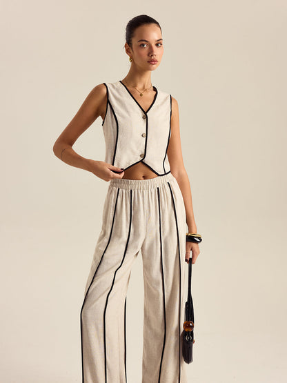 Keten Ve Pamuklu Lastikli Bel Çizgili Pantolon Takımı