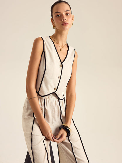 Keten Ve Pamuklu Lastikli Bel Çizgili Pantolon Takımı