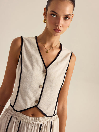 Keten Ve Pamuklu Lastikli Bel Çizgili Pantolon Takımı