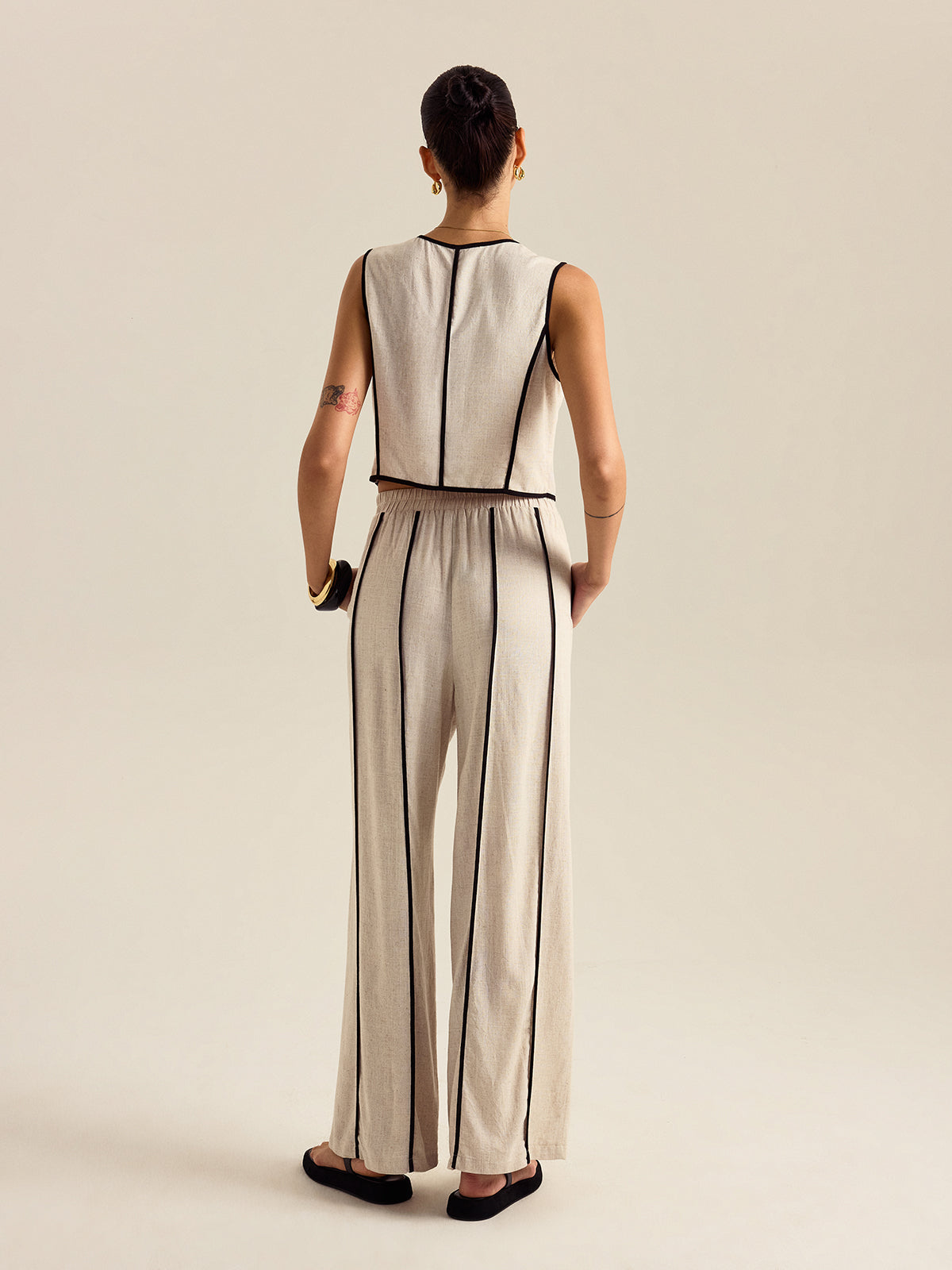 Keten Ve Pamuklu Lastikli Bel Çizgili Pantolon Takımı