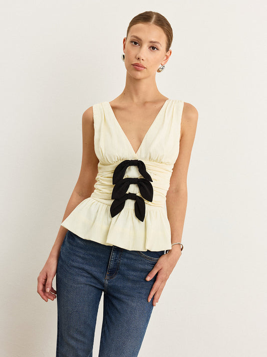 Peplum Etek Ucuyla Fiyonk Detaylı Büzgülü Üst