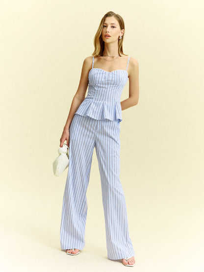 Çizgili Peplum Üst Ve Geniş Paça Pantolon Takımı