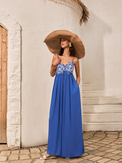 Pamuk Ve Keten Çiçek Detaylı Cepli Askılı Elbise