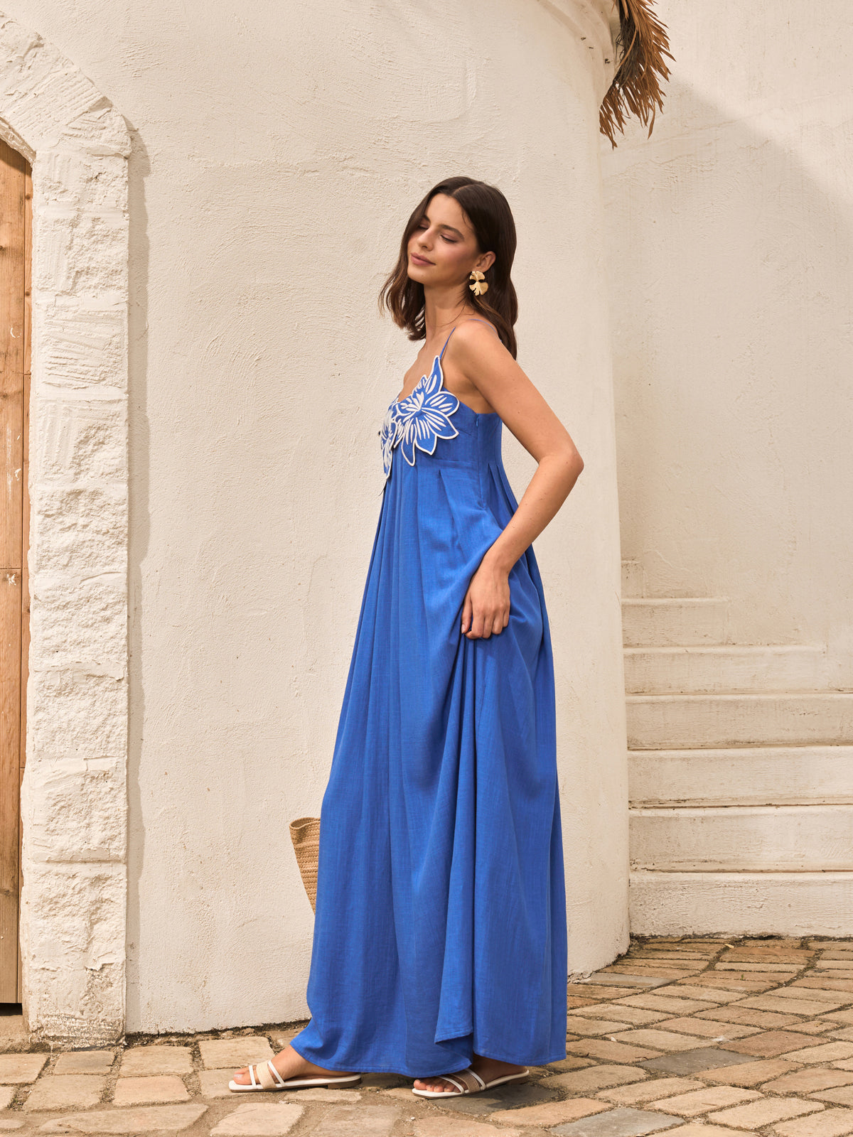 Pamuk Ve Keten Çiçek Detaylı Cepli Askılı Elbise