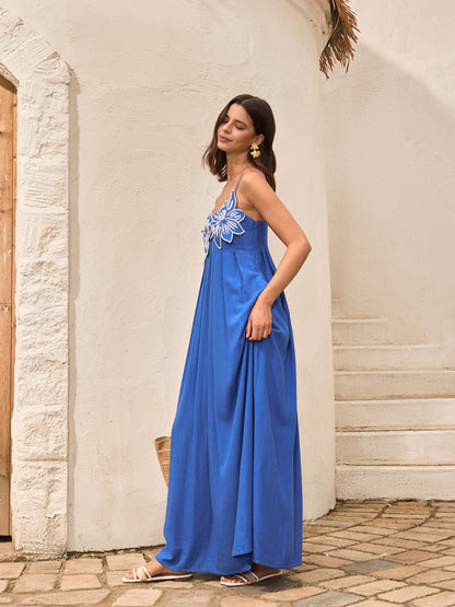 Pamuk Ve Keten Çiçek Detaylı Cepli Askılı Elbise