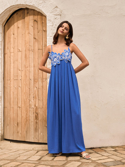 Pamuk Ve Keten Çiçek Detaylı Cepli Askılı Elbise