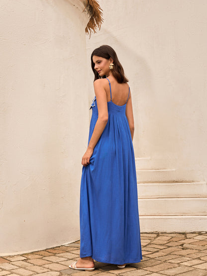 Pamuk Ve Keten Çiçek Detaylı Cepli Askılı Elbise