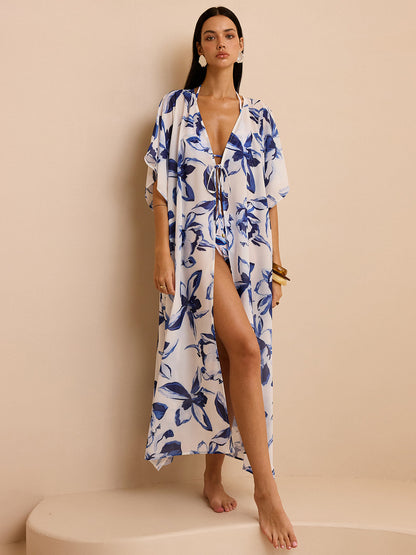 Önü Bağcıklı Şeffaf Çiçekli Kimono Örtüsü