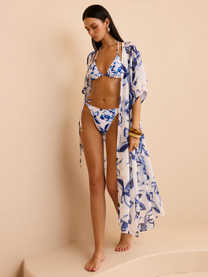 Önü Bağcıklı Şeffaf Çiçekli Kimono Örtüsü