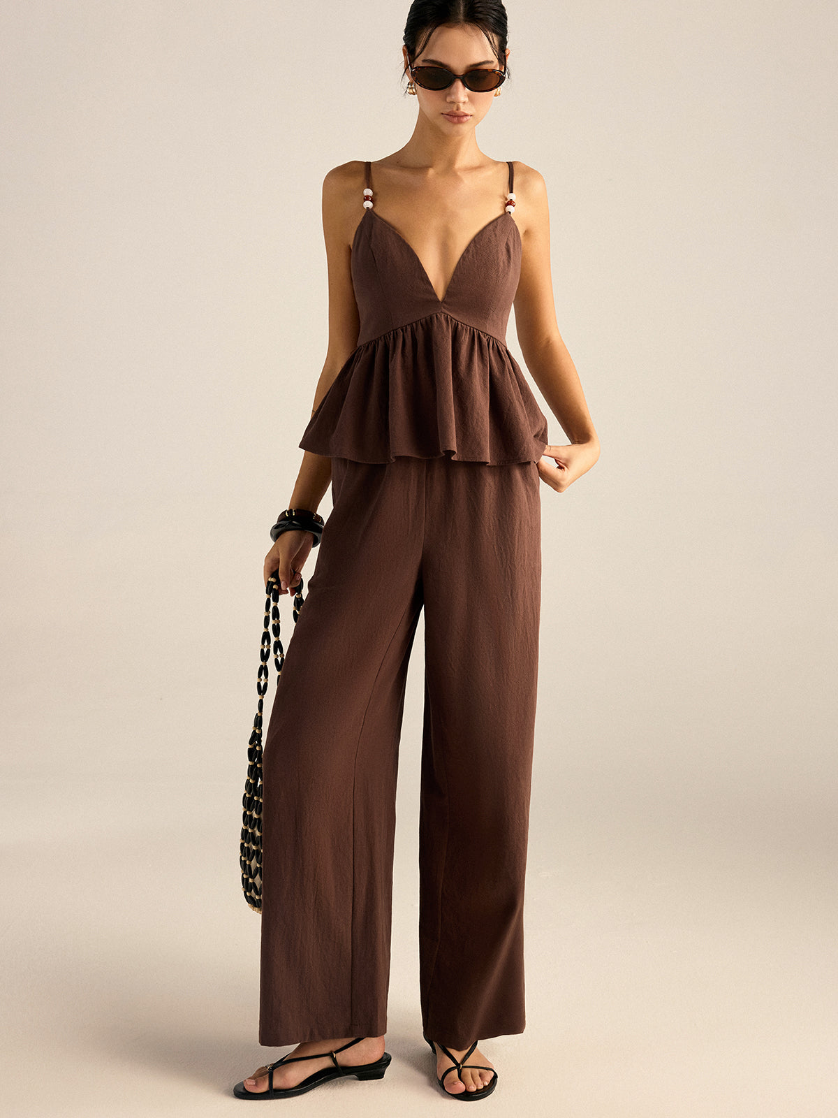 Conjunto de top peplum de algodón con tirantes de cuentas y pantalón - imagen 5
