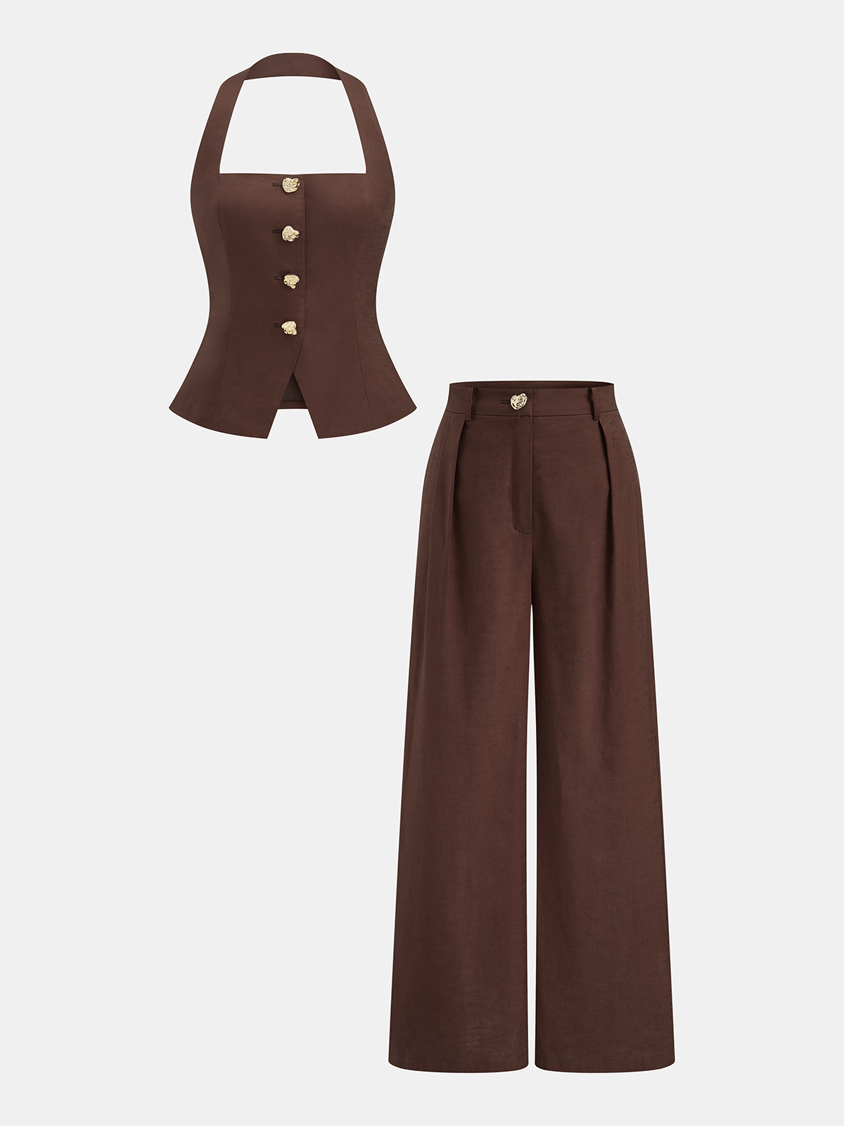 Conjunto de top halter abotonado y pantalón de algodón y lino - imagen 1